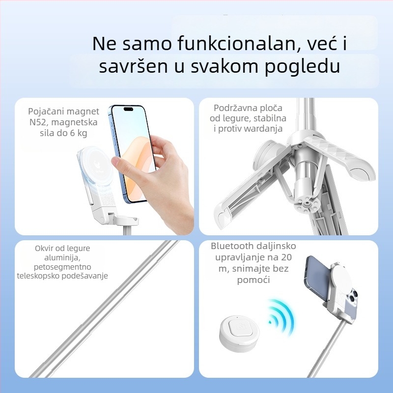 Mini magnetski selfie štap s Bluetooth daljinskim upravljanjem, teleskopska držač za telefon, MagSafe-kompatibilna drška, stabilizacija protiv podrhtavanja, ABS + aluminijska legura