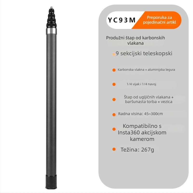 Insta360 One X2 kamera, 3 m teleskopsku šipku od karbonskih vlakana, nevidljiva selfie palica za vertikalno snimanje sa pametnim telefonom