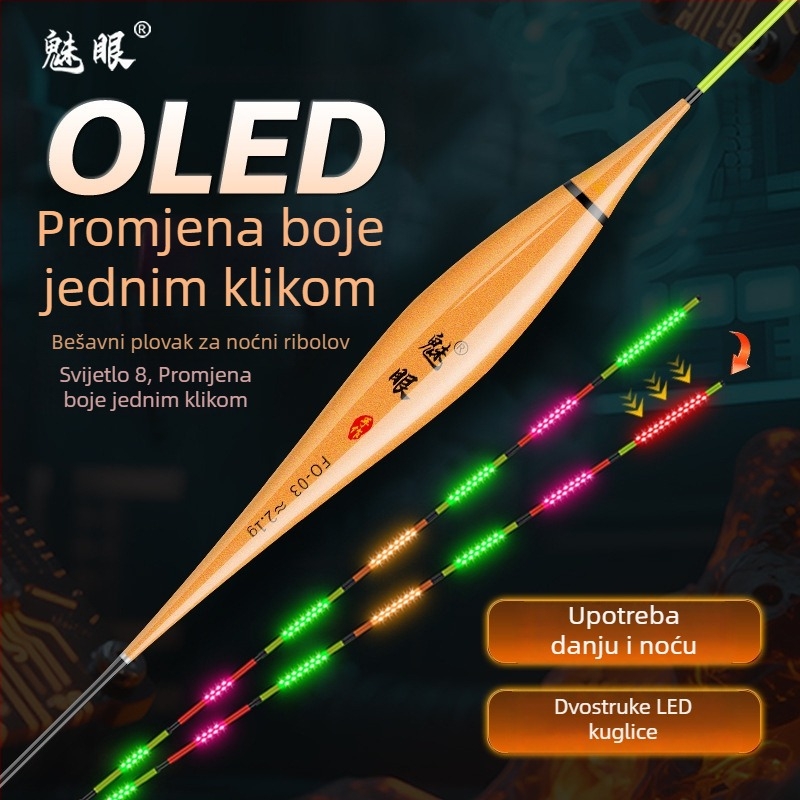 OLED pluta s noćnim osvjetljenjem i promjenom boje, visoka osjetljivost za dnevnu i noćnu upotrebu, elektronički plovak s indikatorom zagriza