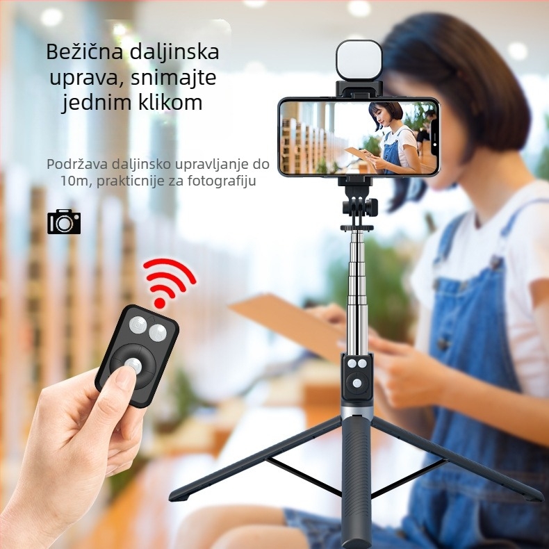 A12 selfie štap s tronožnim postoljem, Bluetooth, integrirani držač, daljinski upravljač, rasvjeta za osvjetljenje, nehrđajući čelik