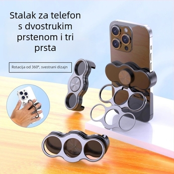 Držač za telefon s dvostrukim prstenom za tri prsta na stražnjoj strani, sklopivi i rotirajući stolni klip, legura, univerzalno, prilagodljivo