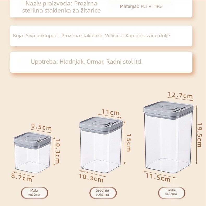 3-dijelni kvadratni PET zaptivni spremnik za kuhinju, proziran, kapacitet 1-2 L, nije pogodan za mikrovalnu pećnicu