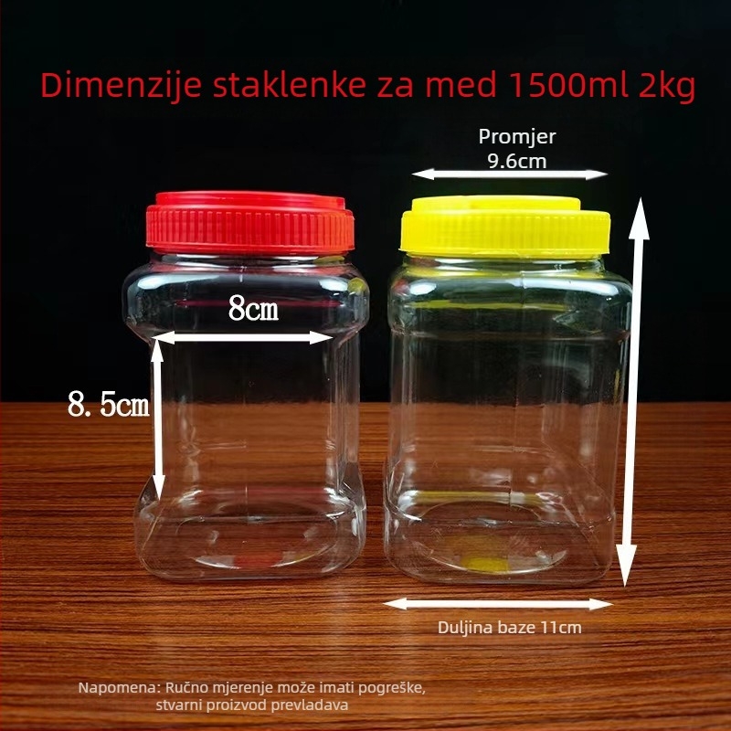 Spremnik za pohranu, četvrtastog oblika, čvrstih zidova, PET plastika, zatvoren poklopac, kapacitet 0.5-2 kg