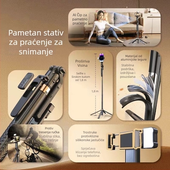 Selfie štap sa stativom i automatskim praćenjem s 360° okretom, daljinski upravljač, rasvjeta, Bluetooth, aluminijsko tijelo