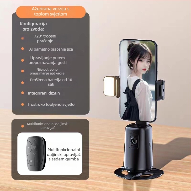Selfie štap sa stativom i automatskim praćenjem s 360° okretom, daljinski upravljač, rasvjeta, Bluetooth, aluminijsko tijelo