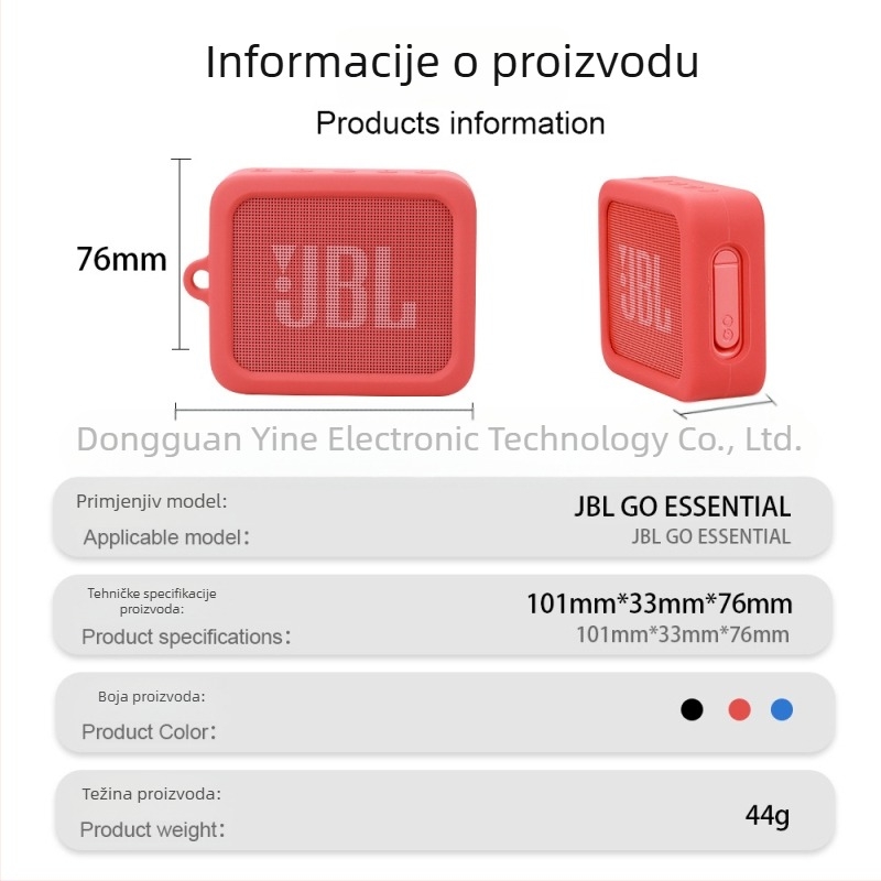 Zaštitna futrola od silikona za JBL Go Essential Bluetooth zvučnik — Materijali: silikon, TPU, tekući silikon; Izrada: injekcijsko oblikovanje; prilagodljivo.