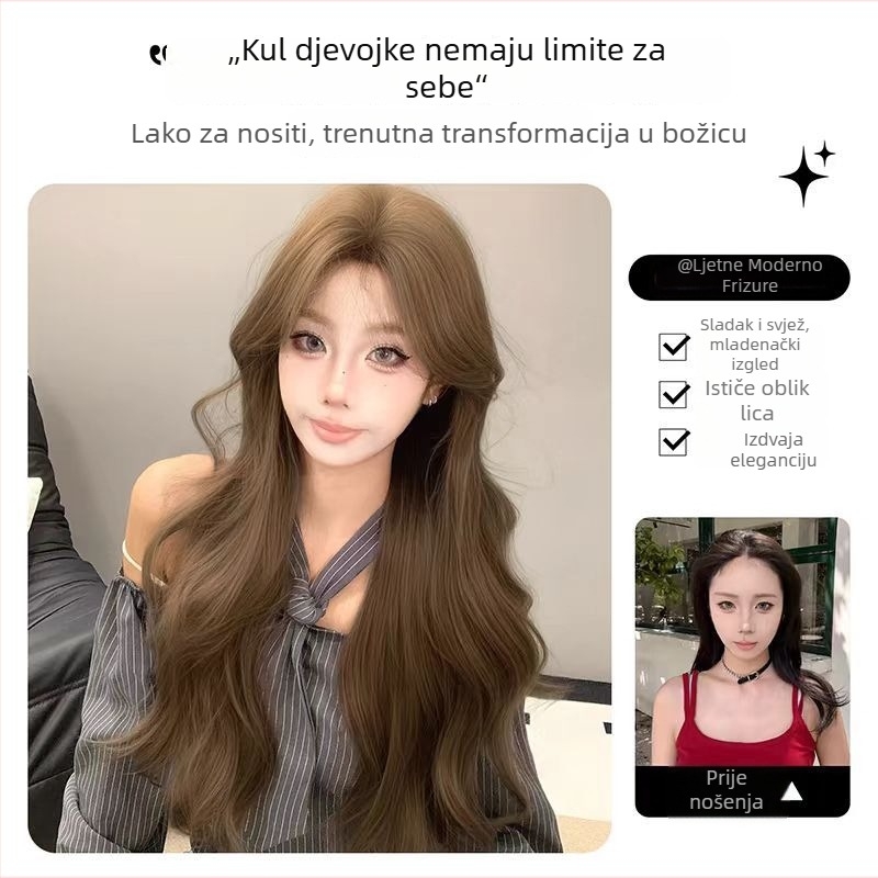 Perika Lina wig – Duga kosa s dugim kovrčama, puna glava s trakom, prirodan izgled, vlakna od proteina svile, proizvodni proces: pola ručno pletena, pola mehanička, može se bojiti