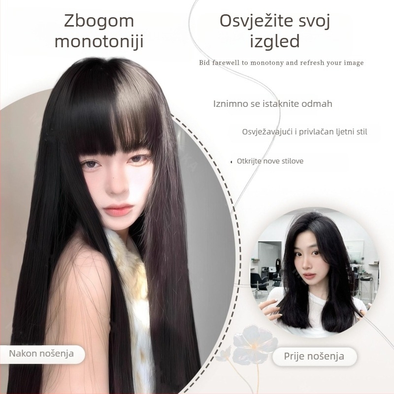 Perika: duga ravna kosa, prirodni stil, proteinska svila, čeoni pramen: ravni ili nagnuti, kompletan set, mehanička izrada