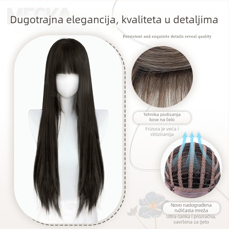 Perika: duga ravna kosa, prirodni stil, proteinska svila, čeoni pramen: ravni ili nagnuti, kompletan set, mehanička izrada