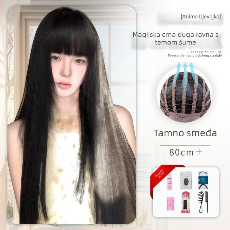 Perika: duga ravna kosa, prirodni stil, proteinska svila, čeoni pramen: ravni ili nagnuti, kompletan set, mehanička izrada