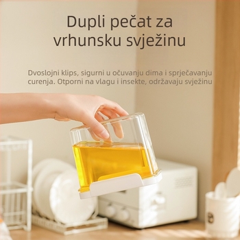 Zatvorena četvrtasta plastična posuda za suhe namirnice, 800-1000 ml, otporna na vlagu, prozirna.