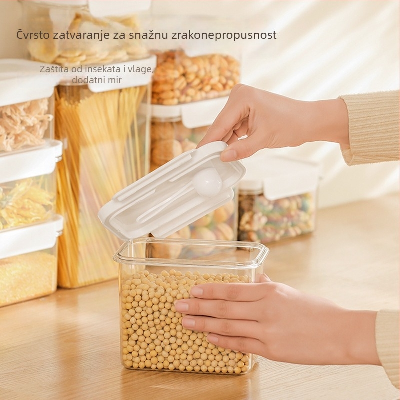 Zatvorena četvrtasta plastična posuda za suhe namirnice, 800-1000 ml, otporna na vlagu, prozirna.