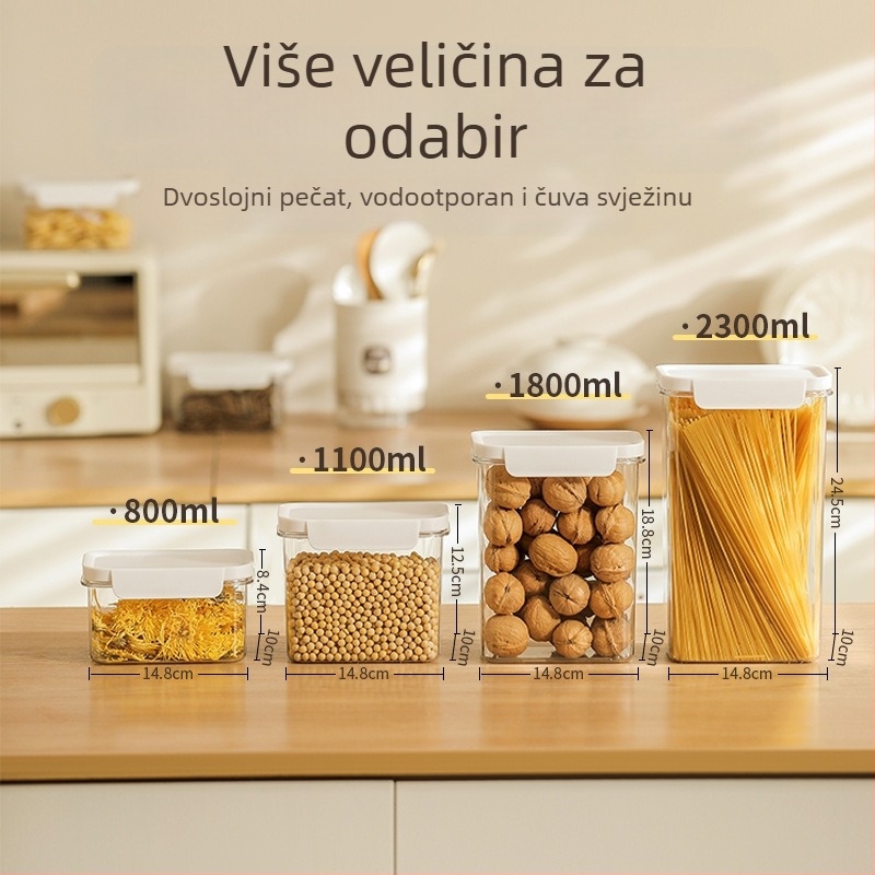 Zatvorena četvrtasta plastična posuda za suhe namirnice, 800-1000 ml, otporna na vlagu, prozirna.