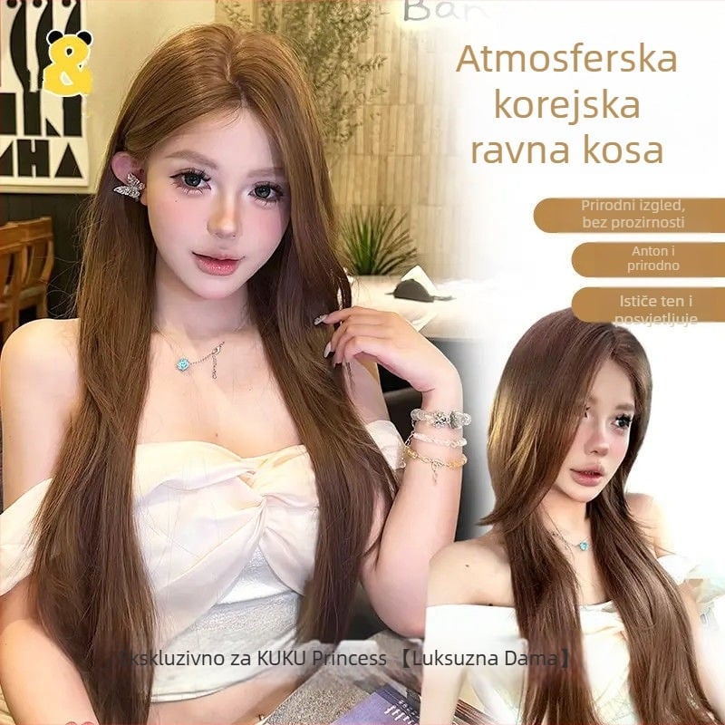Peruka: dugačka ravna kosa, srednji razdjeljak, prednja čipka, prirodni stil, materijal: proteinska svila, komplet za cijelu glavu