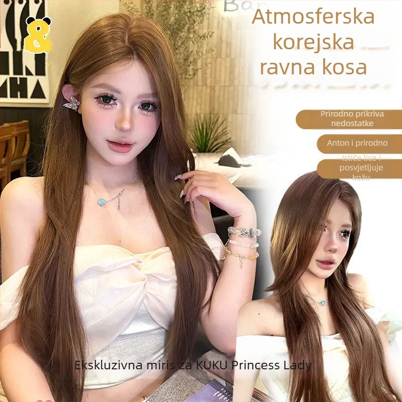 Peruka: dugačka ravna kosa, srednji razdjeljak, prednja čipka, prirodni stil, materijal: proteinska svila, komplet za cijelu glavu