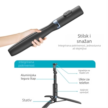JISNN Bluetooth Selfie Štip-Tripod sa skrivenim integriranim dizajnom, materijal: najlon vlakno + aluminijska legura, daljinski upravljač uključen, ugrađeno svjetlo, mogućnost prilagodbe privatne marke