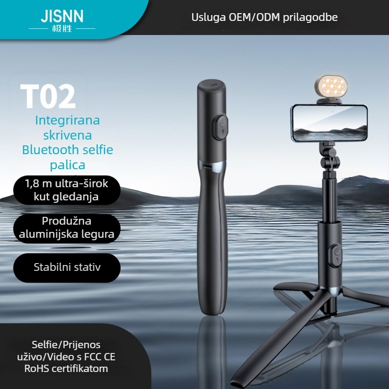 JISNN Bluetooth Selfie Štip-Tripod sa skrivenim integriranim dizajnom, materijal: najlon vlakno + aluminijska legura, daljinski upravljač uključen, ugrađeno svjetlo, mogućnost prilagodbe privatne marke