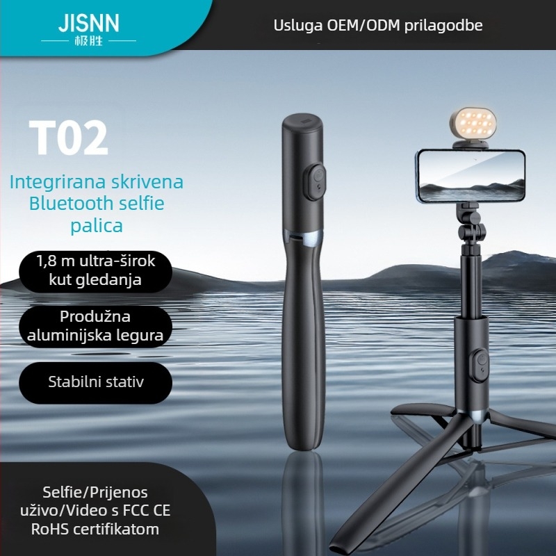 JISNN Bluetooth Selfie Štip-Tripod sa skrivenim integriranim dizajnom, materijal: najlon vlakno + aluminijska legura, daljinski upravljač uključen, ugrađeno svjetlo, mogućnost prilagodbe privatne marke