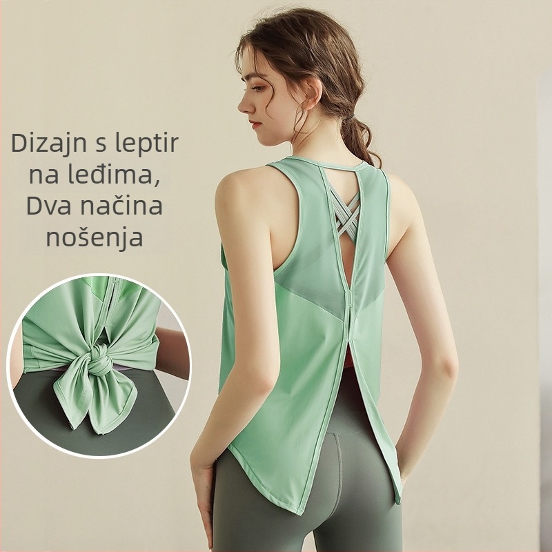 Lagana sportska majica za jogu, prozračna najlon tkanina, bez leđa, dužina bokova, brzo suši - Ljeto 2024