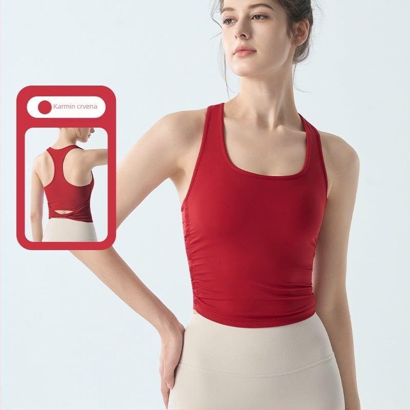 Ženski All-in-One sportski top s širokim trakama, brzo sušenje, 80% najlon 20% spandex, uski kroj, kvadratni izrez, s umetkom za grudi