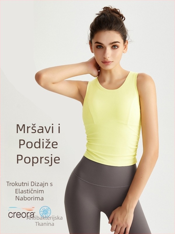 Ženski sportski top s integriranim košaricama, kratki model, uski kroj, plisirana zona struka, joga top, brzo se suši