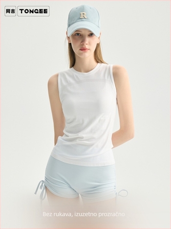 Ženski bezrukavni fitness top, prozračan i brzosušeći, 92% najlona / 8% spandex, uski kroj, dužina do bokova, bez umetka za prsni koš