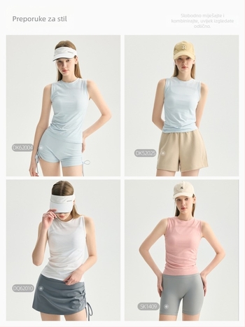 Ženski bezrukavni fitness top, prozračan i brzosušeći, 92% najlona / 8% spandex, uski kroj, dužina do bokova, bez umetka za prsni koš