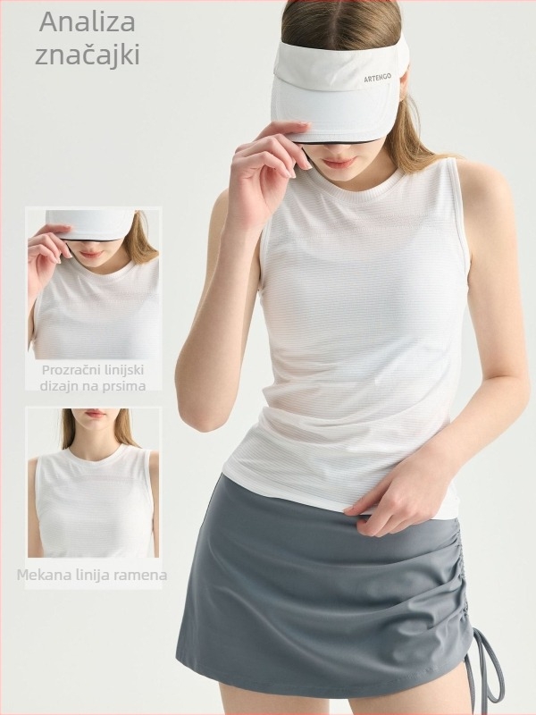 Ženski bezrukavni fitness top, prozračan i brzosušeći, 92% najlona / 8% spandex, uski kroj, dužina do bokova, bez umetka za prsni koš