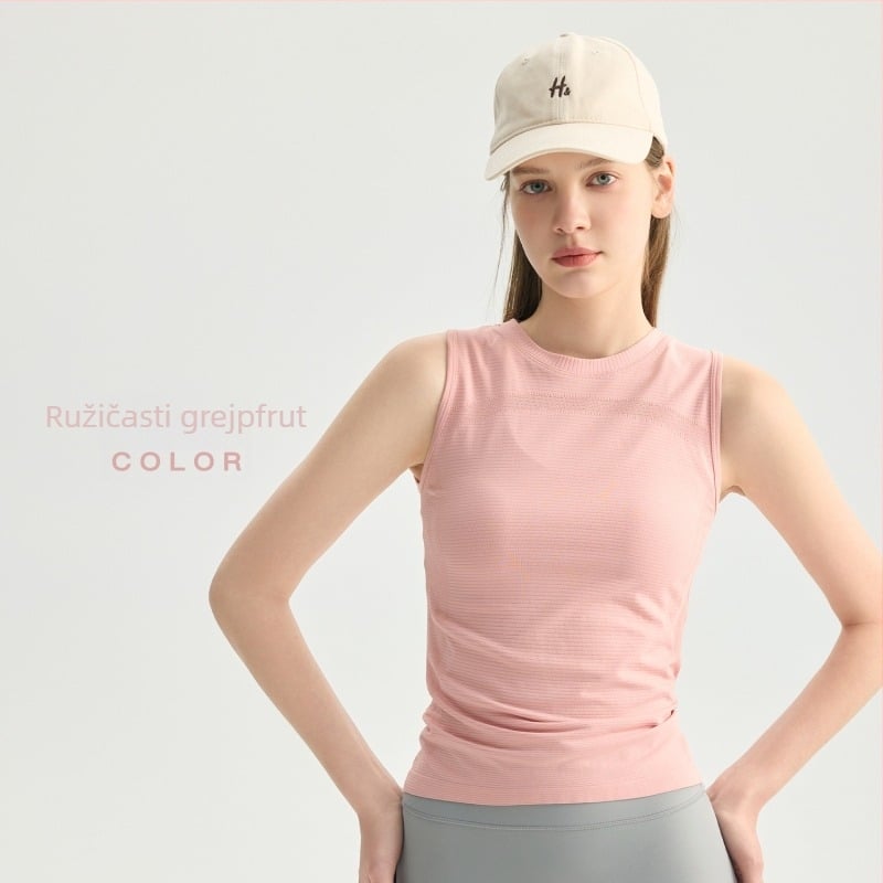 Ženski bezrukavni fitness top, prozračan i brzosušeći, 92% najlona / 8% spandex, uski kroj, dužina do bokova, bez umetka za prsni koš