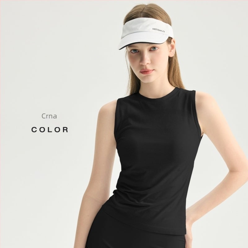 Ženski bezrukavni fitness top, prozračan i brzosušeći, 92% najlona / 8% spandex, uski kroj, dužina do bokova, bez umetka za prsni koš