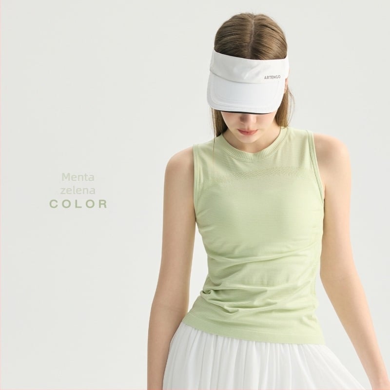 Ženski bezrukavni fitness top, prozračan i brzosušeći, 92% najlona / 8% spandex, uski kroj, dužina do bokova, bez umetka za prsni koš