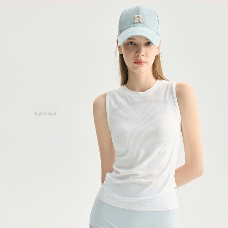 Ženski bezrukavni fitness top, prozračan i brzosušeći, 92% najlona / 8% spandex, uski kroj, dužina do bokova, bez umetka za prsni koš