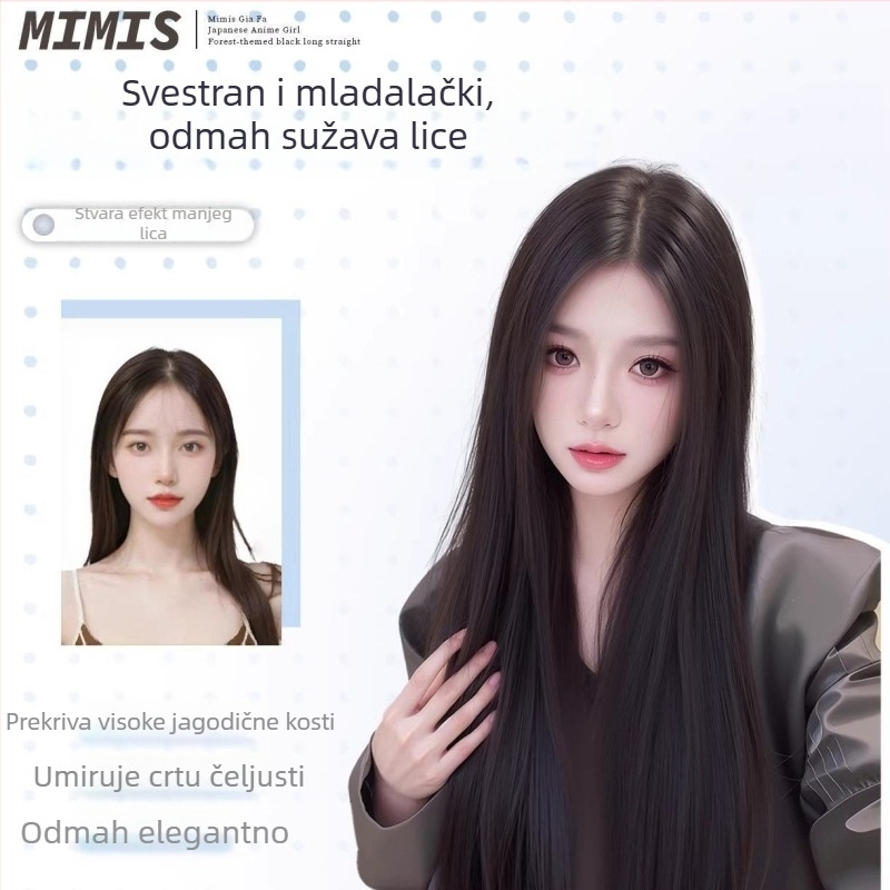 Perika s dugom ravnom kosom, srednji razdjeljak, materijal: visoko otporna svila, strojno izrađena, ravne šiške