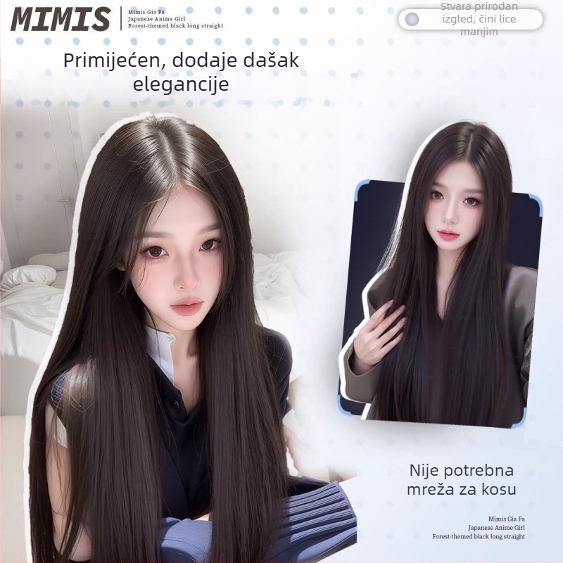 Perika s dugom ravnom kosom, srednji razdjeljak, materijal: visoko otporna svila, strojno izrađena, ravne šiške