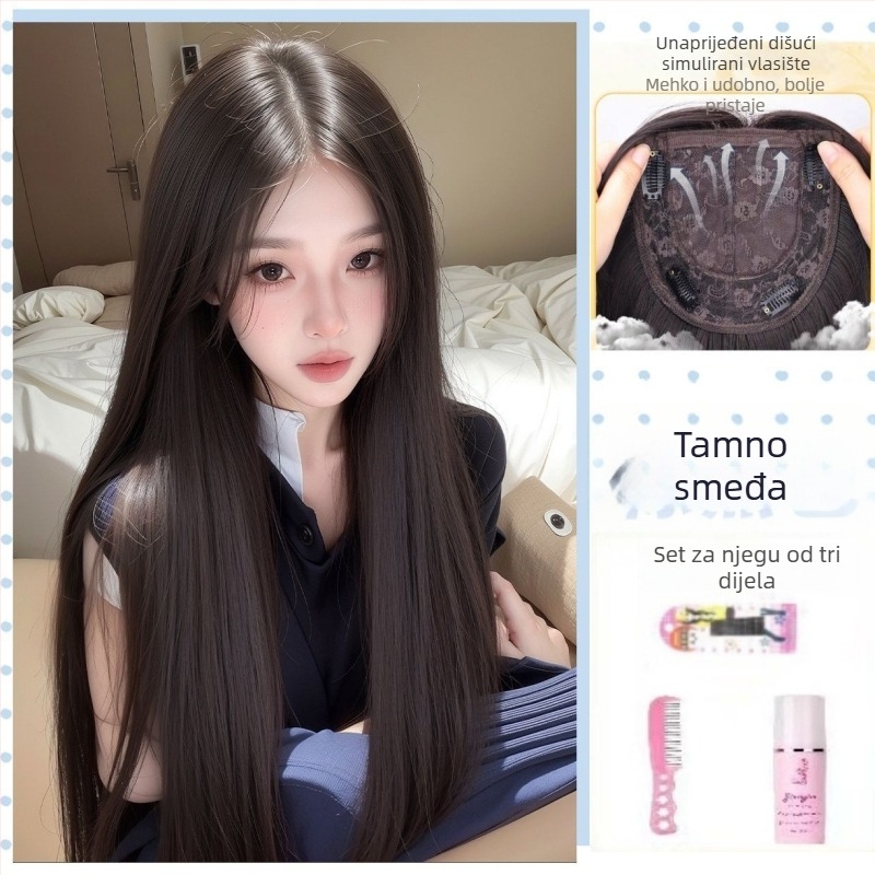 Perika s dugom ravnom kosom, srednji razdjeljak, materijal: visoko otporna svila, strojno izrađena, ravne šiške