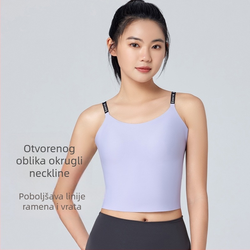 Ženski jednopojasni sportski top s prozračnim, brzo sušećim i vlagu odvodećim materijalom, s ugrađenim jastučićima za grudi; materijal: najlon 67% / spandeks 33%