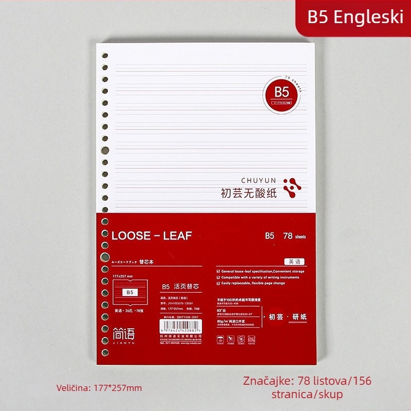 Refil za bilježnicu s povezanom, papir od drvnih vlakana, 80 gsm, 100–200 stranica, stranice s crtama i kvadratićima