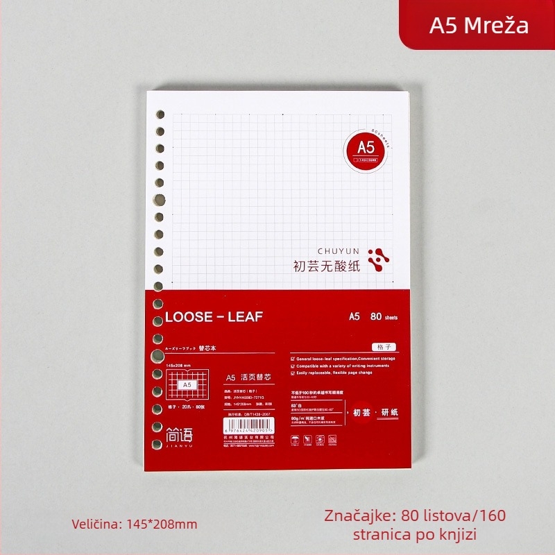 Refil za bilježnicu s povezanom, papir od drvnih vlakana, 80 gsm, 100–200 stranica, stranice s crtama i kvadratićima