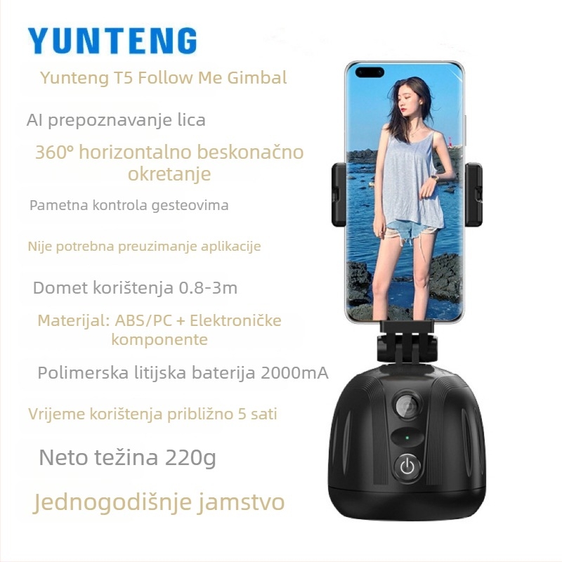 Yunteng dvostruki osovinski stabilizator za mobitel, 360° horizontalna rotacija, 360° ograničenje rotacije, 15° vertikalni nagib, ABS+PC materijal
