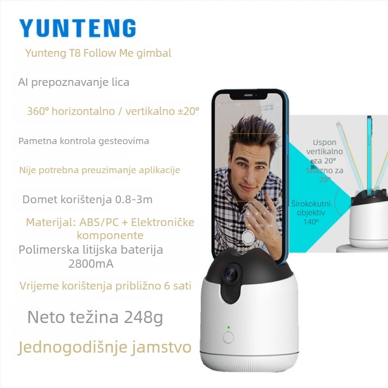 Yunteng dvostruki osovinski stabilizator za mobitel, 360° horizontalna rotacija, 360° ograničenje rotacije, 15° vertikalni nagib, ABS+PC materijal