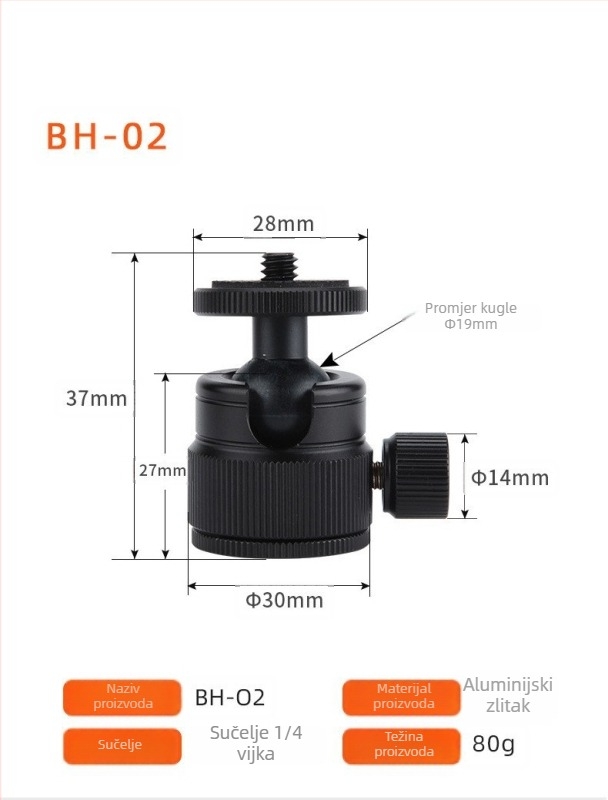 Mini kuglasta glava od aluminijske legure za univerzalni 360° mini stativ, 90° vertikalni nagib, ručna instalacija, opća kompatibilnost