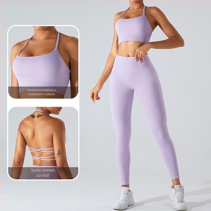 Ženski sportski grudnjak s križnim leđima za trčanje — brzo se suši, najlon 75% / spandex 25%, puna čašica, srednji oblik čašice, čvrste halter kaiševe, prednje kopčanje