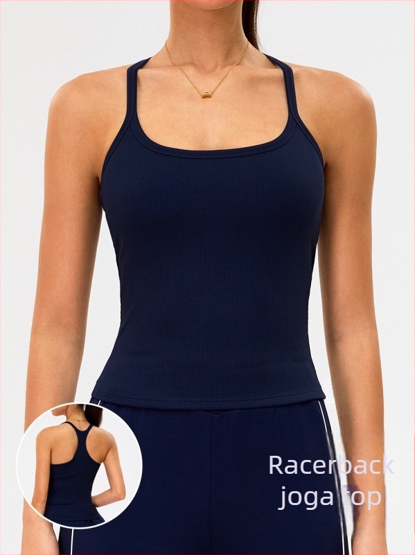 Ženski sportski top s anti-šok dizajnom leđa, brzo sušenje i odvlačenje znoja, mješavina najlona i spandeksa (90% najlon, 10% spandeks), kratki kroj, s umetkom za grudnjak