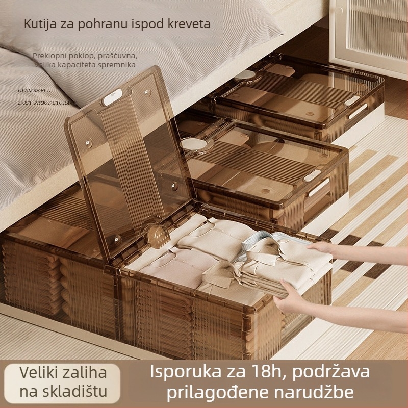 Kutija za pohranu ispod kreveta, sklopiva, prozirna, kapaciteta 40–50 L, plast (PP), s kotačićima