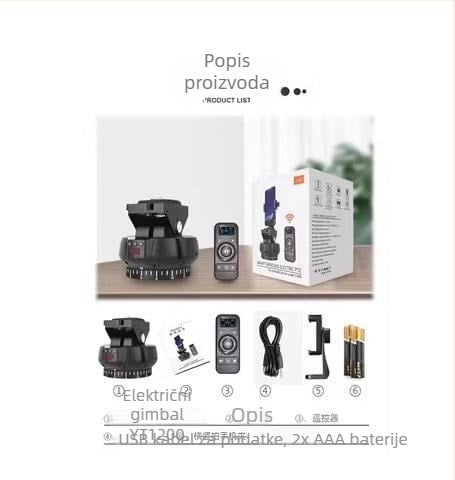 Motorizirani PTZ gimbal za pametni telefon s daljinskim upravljačem, 360° panoramsko okretanje, 70° nagib, 9 brzina paniranja, 9 brzina nagiba, težina 518 g