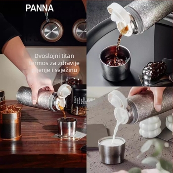 Titanski dvostruko stijenski vakuumski termos čaša s odjeljivanjem čaja i vode, mogućnost prilagodbe loga laserskim graviranjem ili 3D tiskom, unutarnji spremnik i vanjski dio od titana, izolacija 6–12 sati