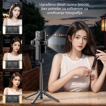 Selfie štap s Bluetooth stabilizatorom, teleskopski, jednim klikom za izvlačenje, aluminijska legura, osvjetljenje za dopunu