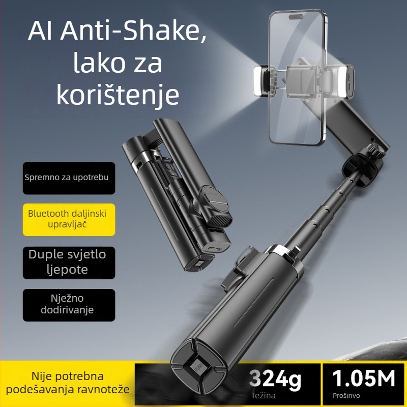 Selfie štap s Bluetooth stabilizatorom, teleskopski, jednim klikom za izvlačenje, aluminijska legura, osvjetljenje za dopunu