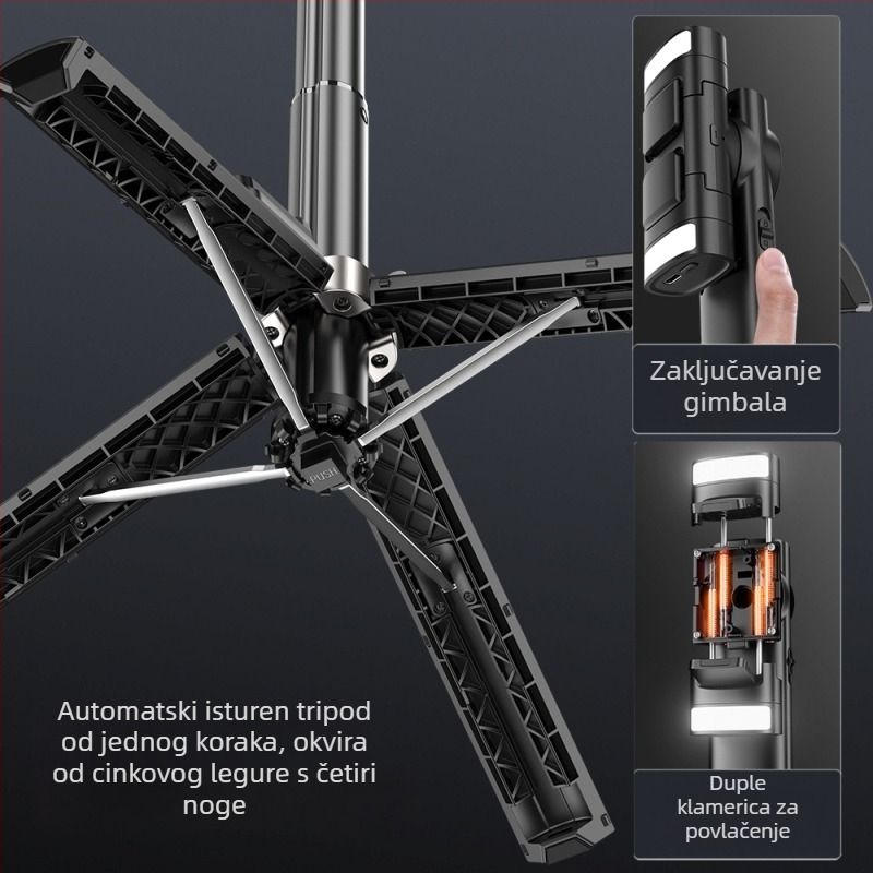 Selfie štap s Bluetooth stabilizatorom, teleskopski, jednim klikom za izvlačenje, aluminijska legura, osvjetljenje za dopunu