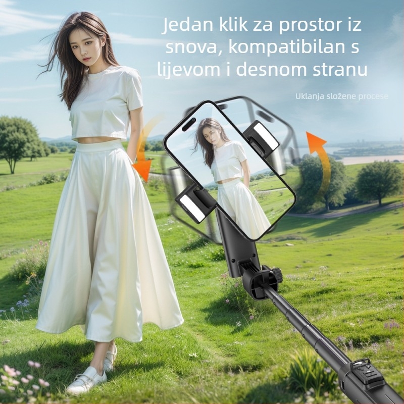 Selfie štap s Bluetooth stabilizatorom, teleskopski, jednim klikom za izvlačenje, aluminijska legura, osvjetljenje za dopunu